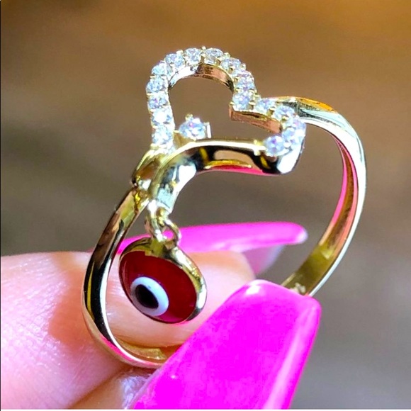 New 14K yellow Gold red evil eye CZ heart Ring - Picture 1 of 8